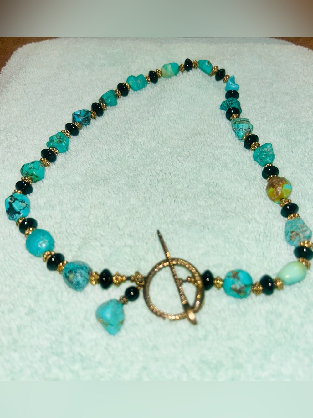 Turquoise and Black Stone Beaded Necklace featuring a UNIQUE Round SNAKE Toggle